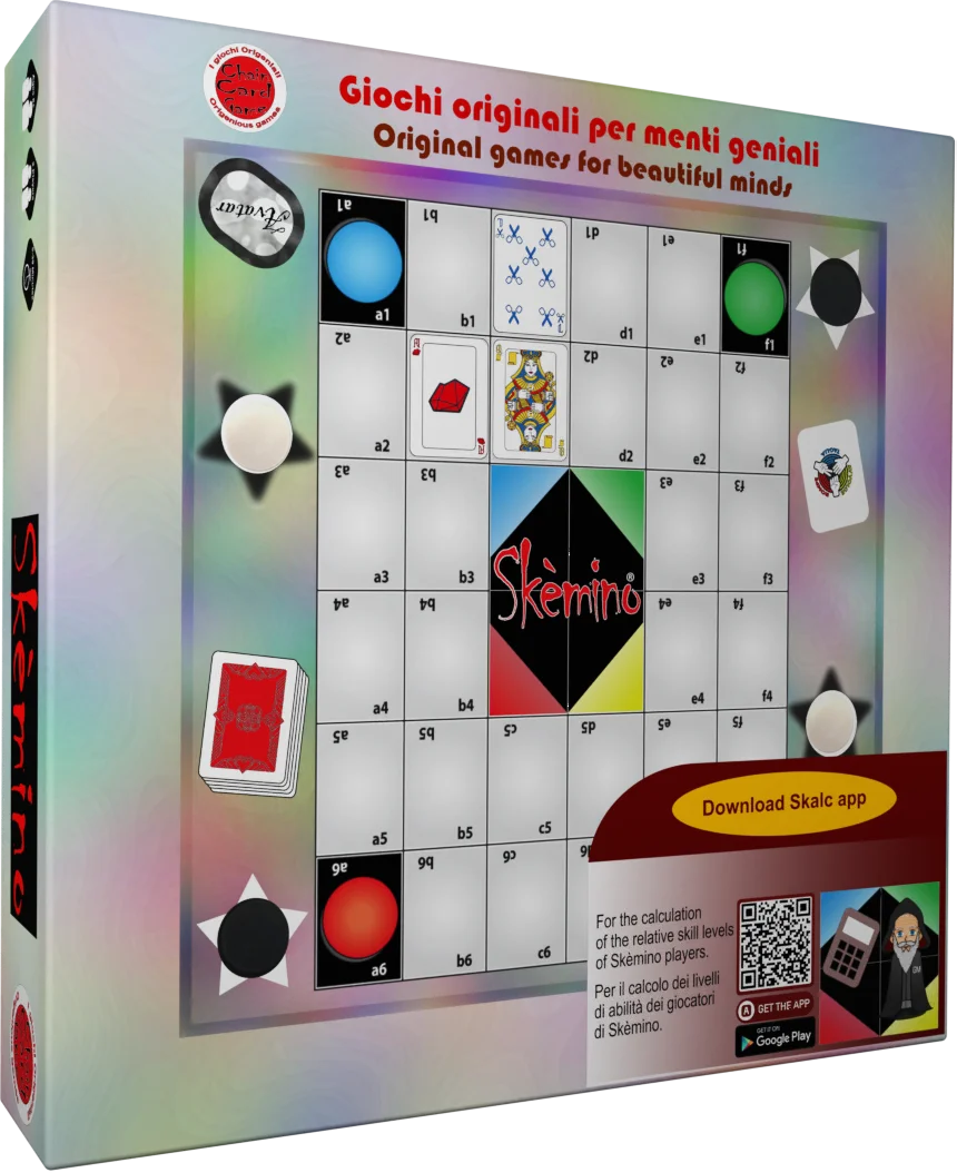 La scatola di Skèmino con il tabellone e le chaincard